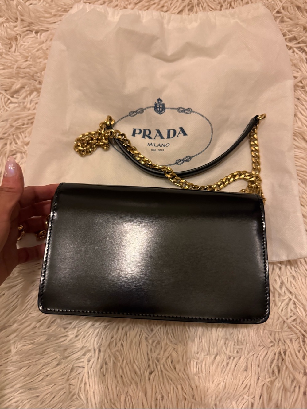Prada Black Leather Shoulder Bag with Gold-Tone Chain and Logo Plaque - Picture 2 of 8